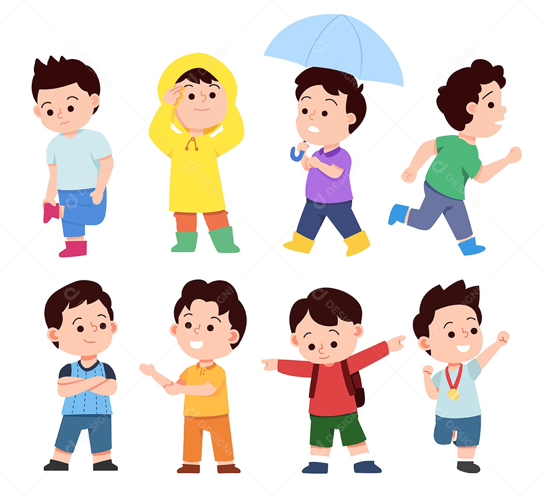 Conjunto de meninos com várias poses e vetores de desenho animado de emoções desenhos animados Vetor EPS