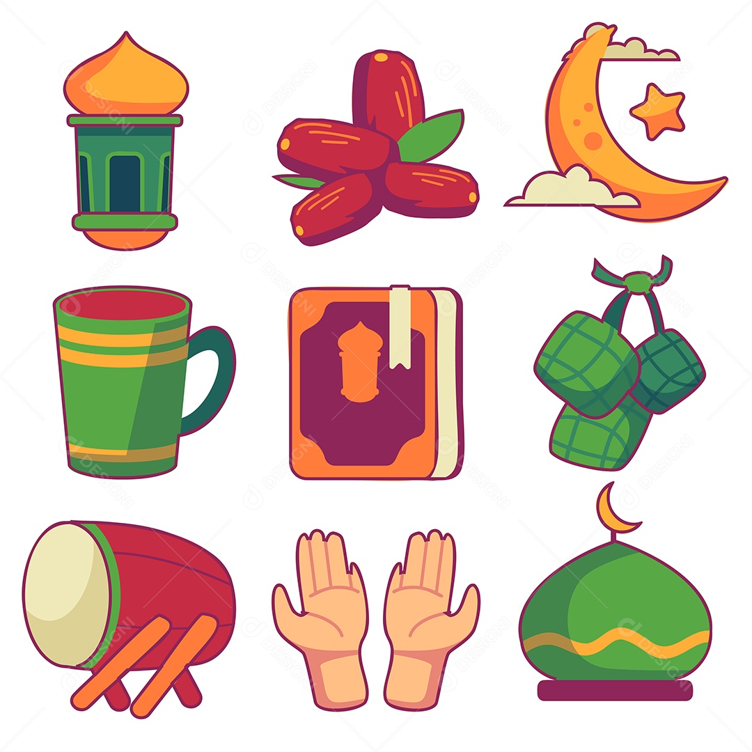 Conjunto de ícones de celebração islâmica árabe do Ramadã desenhos animados Vetor EPS