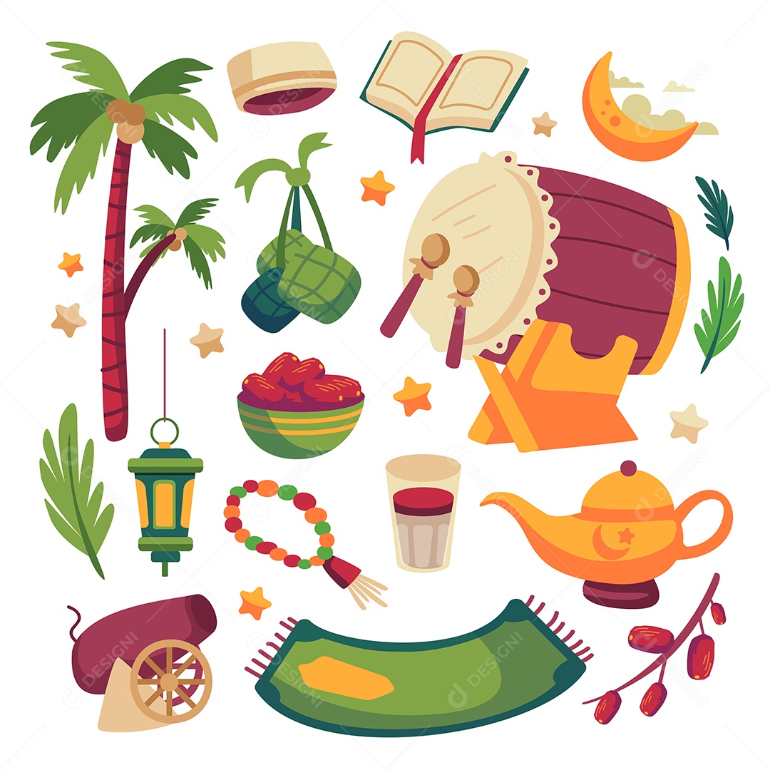 Conjunto de ícones de celebração islâmica árabe do Ramadã desenhos animados Vetor EPS