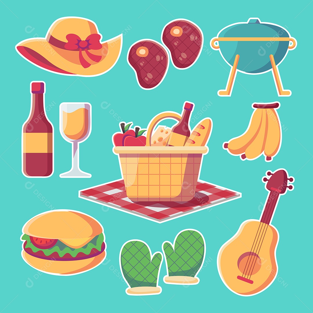 Conjunto de elementos para refeições deliciosas e s de piquenique desenhos animados Vetor EPS