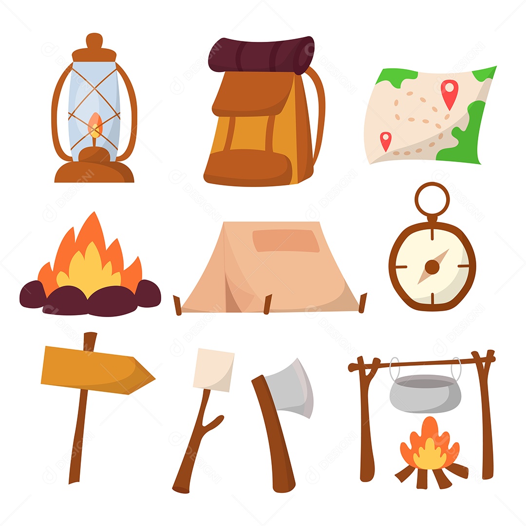 Material de acampamento desenhos animados Vetor EPS