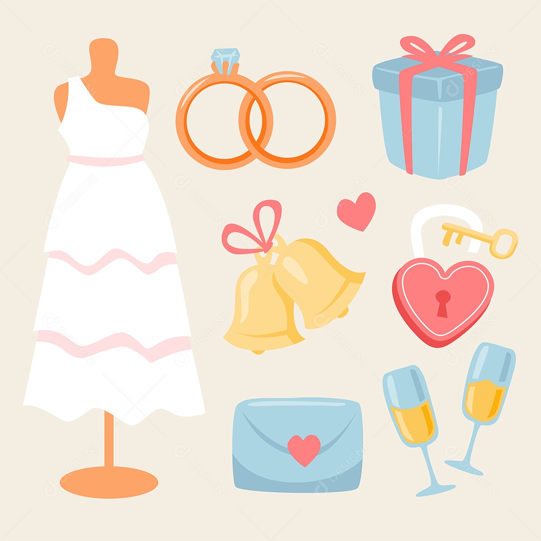 Conjunto de vetores de acessórios de noiva itens de casamento para cerimônia Vetores EPS