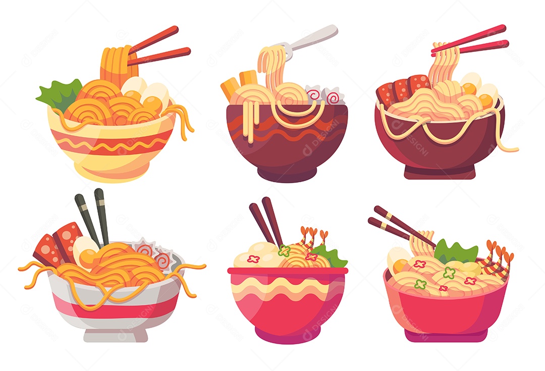 Coleção de vários tipos de macarrão em uma bela tigela Vetores EPS
