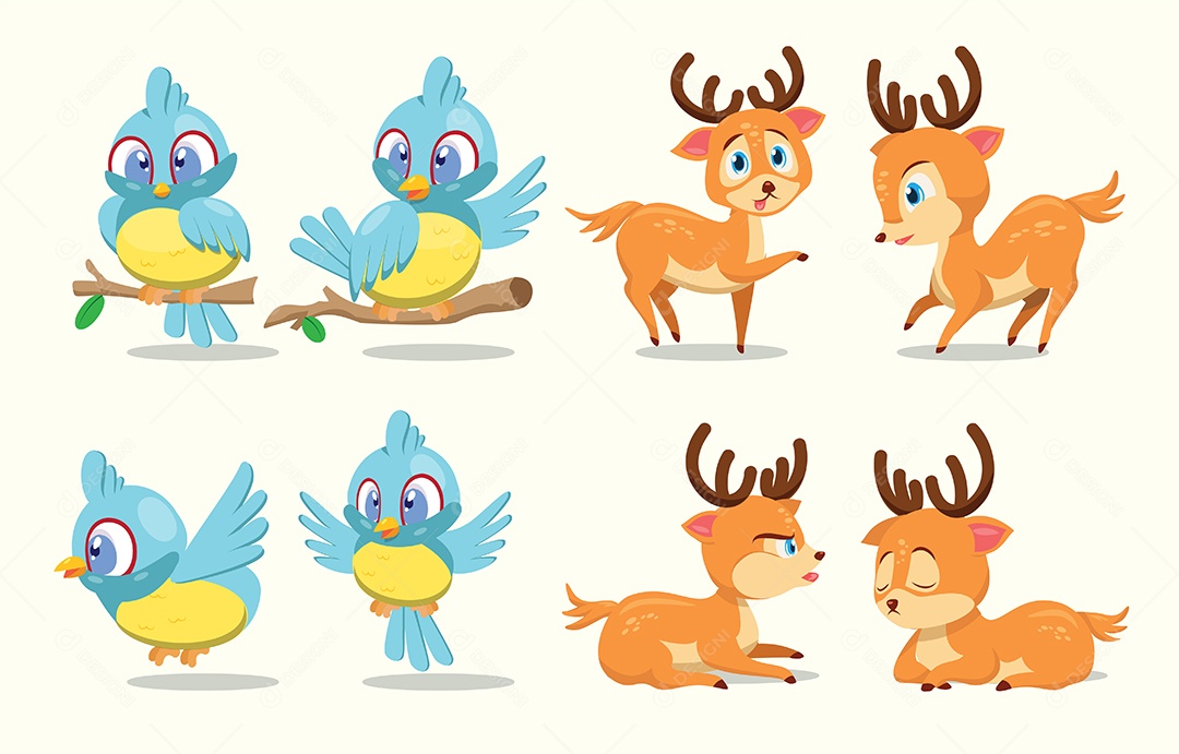 Animal engraçado bonito dos desenhos animados em várias poses de ação Vetores EPS