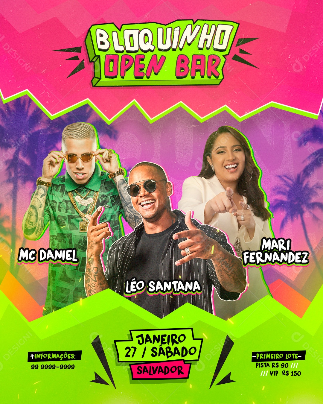 Post Festa Flyer Carnaval Bloquinho Open Bar Leo Mari Mc Daniel Social Media PSD Editável