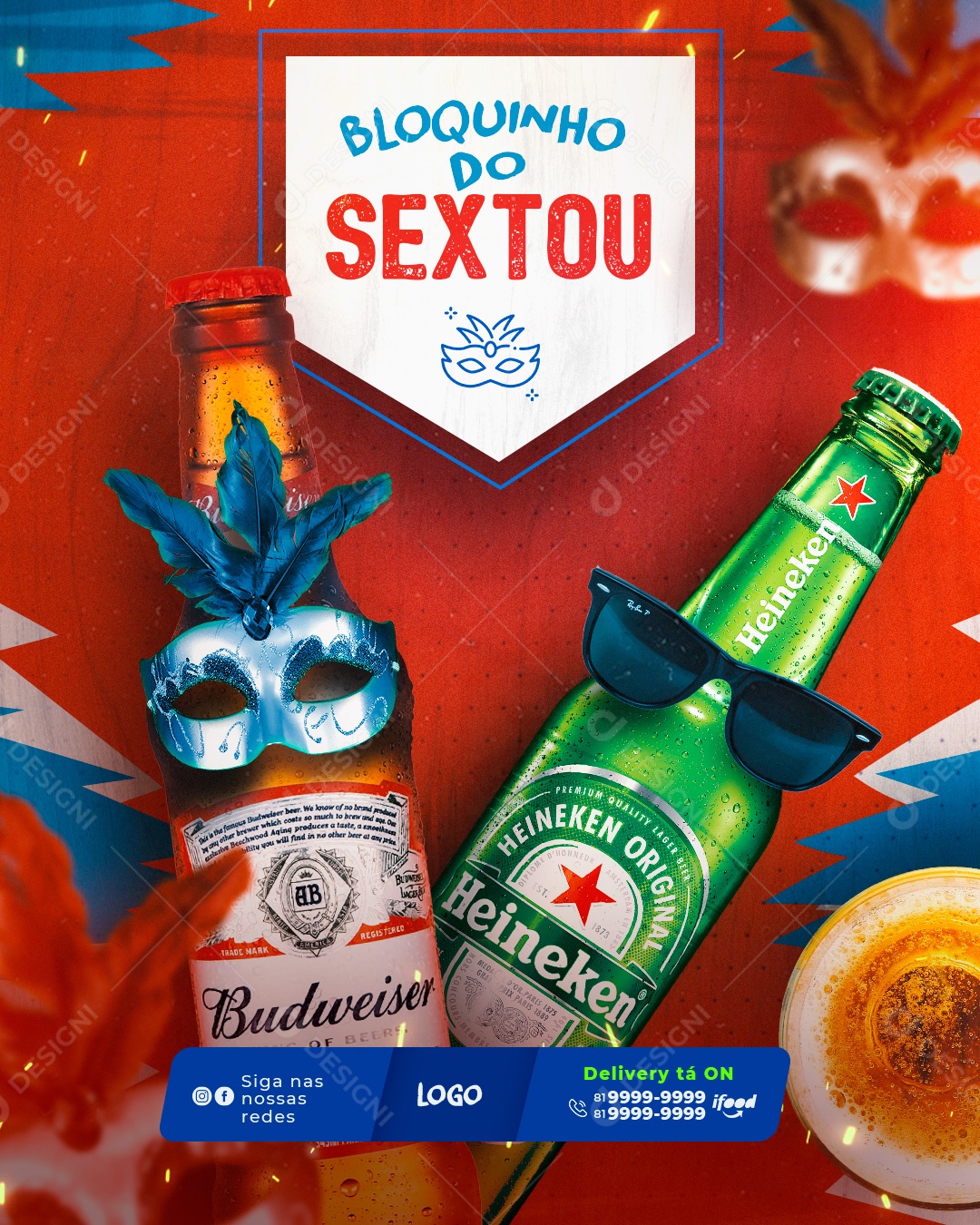 Flyer Bloco de Carnaval Bloquinho do Sextou Social Media PSD Editável