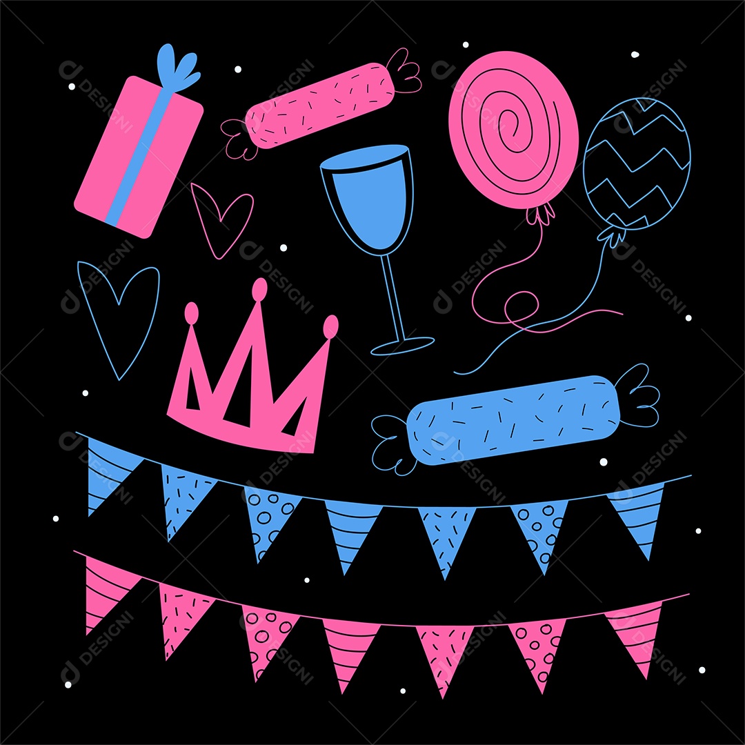 Conjunto de Elementos Vetoriais para Decoração de Festas de Aniversário Vetores EPS