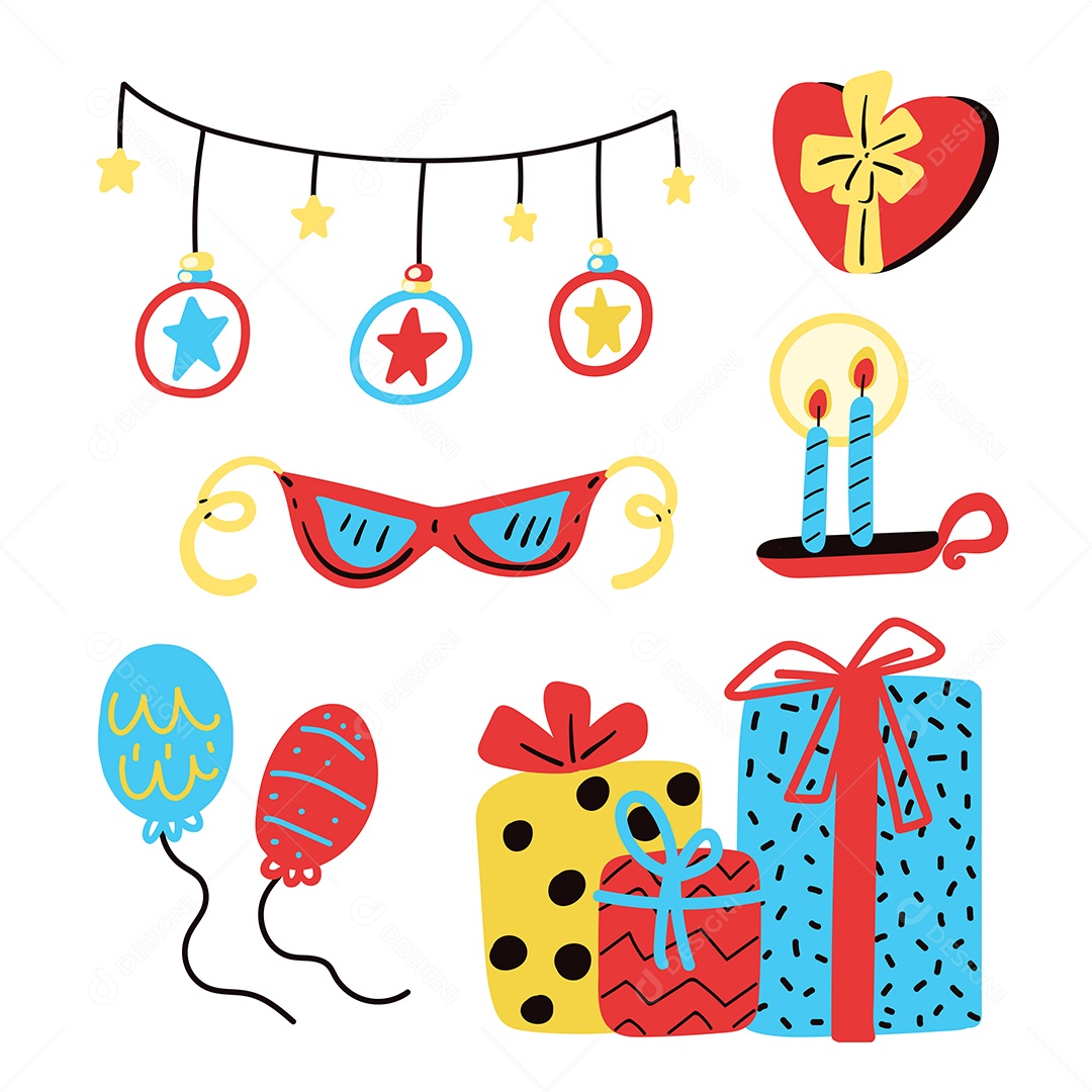 Conjunto de Elementos Vetoriais para Decoração de Festas de Aniversário Vetores EPS