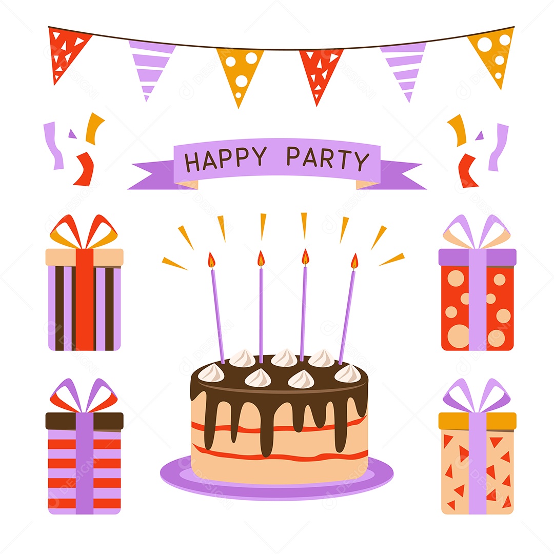 Conjunto de Elementos Vetoriais para Decoração de Festas de Aniversário Vetores EPS