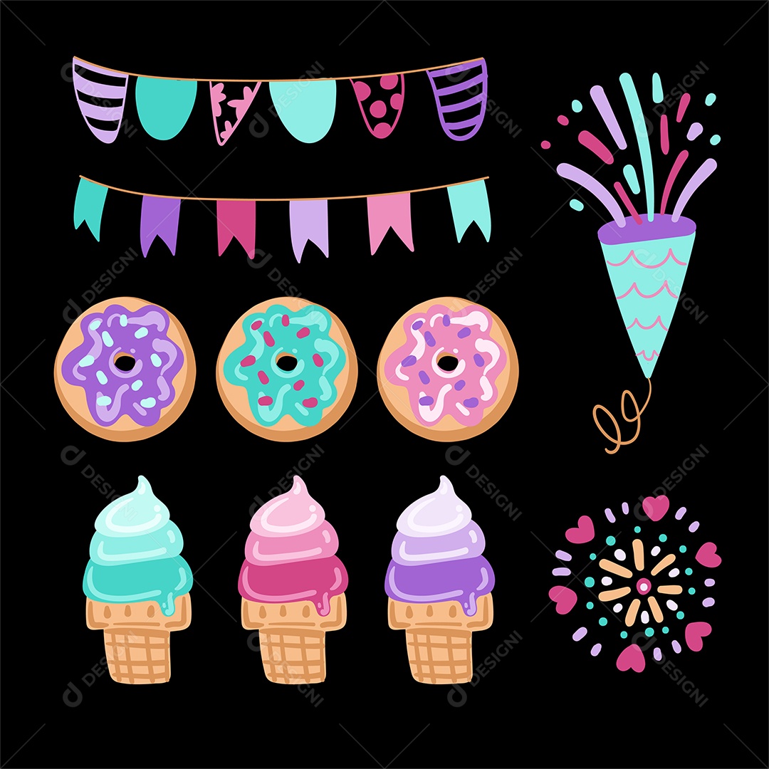 Pacote de Elementos Vetoriais para Decoração de Festas de Aniversário Vetores EPS