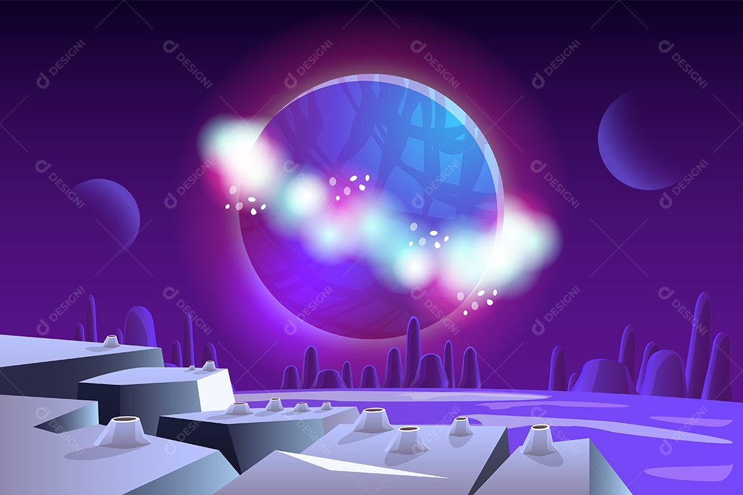 Fundo do espaço e paisagem da superfície do planeta Fantástico Vetor EPS