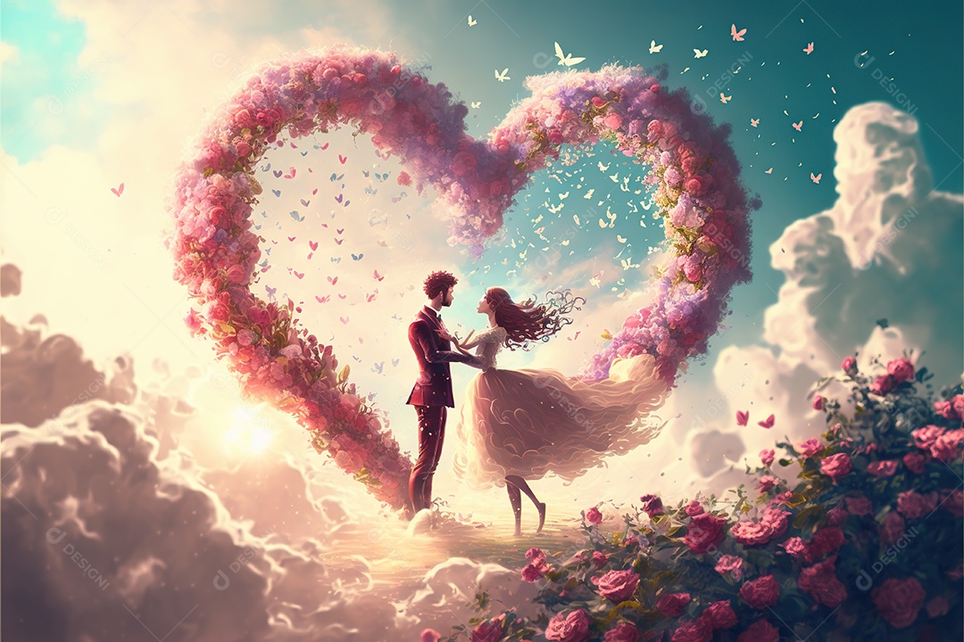 Dia dos namorados, casal apaixonado entre um arranjo de coração gigante