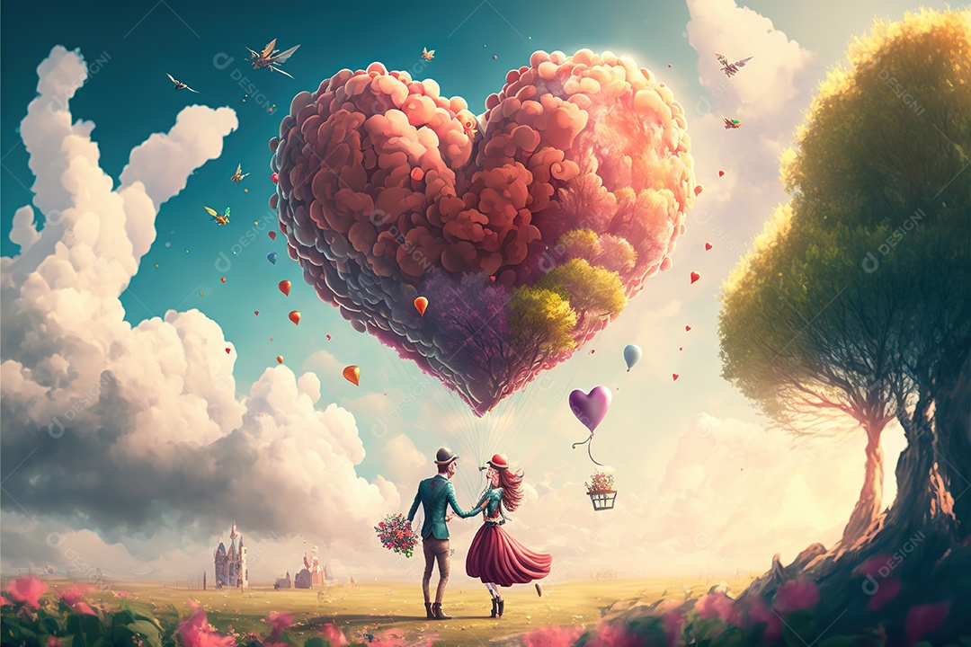 Dia dos namorados, casal apaixonado entre um arranjo de coração gigante