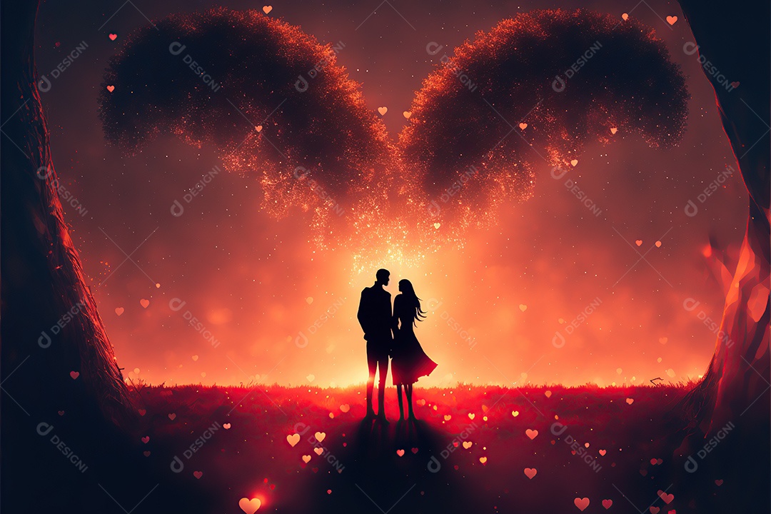 Dia dos namorados, casal apaixonado entre um arranjo de coração gigante