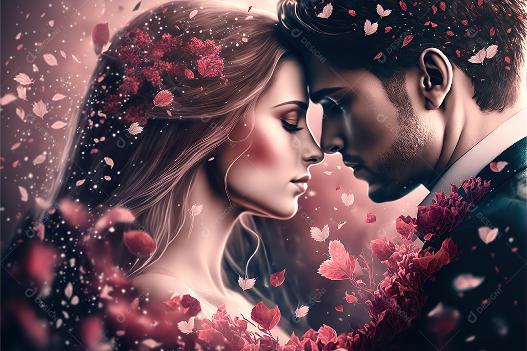 Dia dos namorados, casal apaixonado entre um arranjo de coração gigante