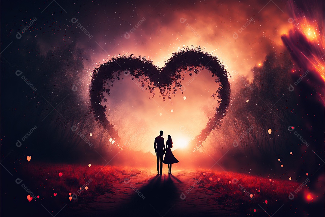 Dia dos namorados, casal apaixonado entre um arranjo de coração gigante