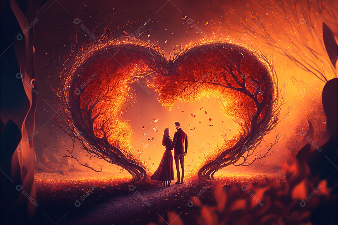 Dia dos namorados, casal apaixonado entre um arranjo de coração gigante