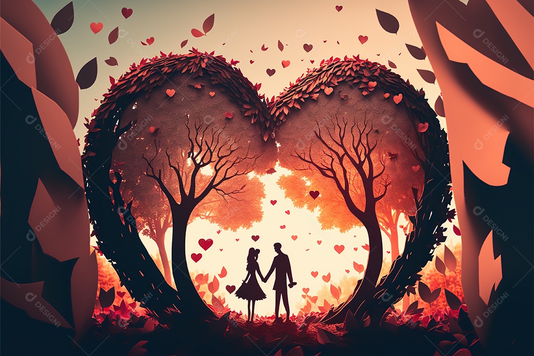 Dia dos namorados, casal apaixonado entre um arranjo de coração gigante