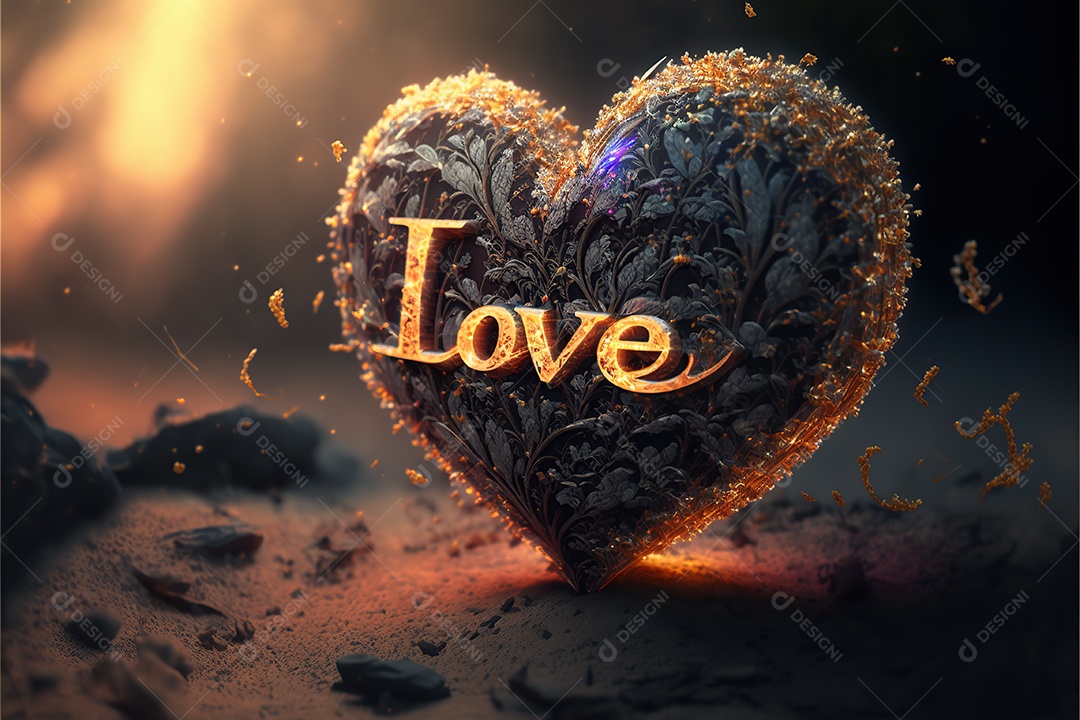 Decoração de coração com texto amor impresso com linda luz