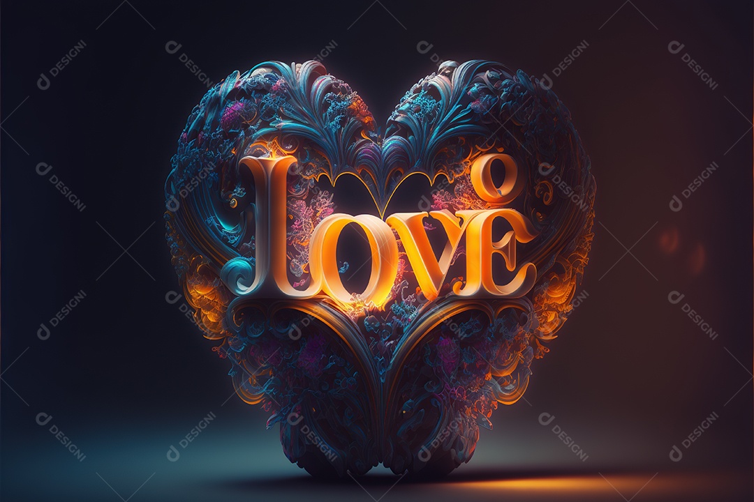 Decoração de coração com texto amor impresso com linda luz