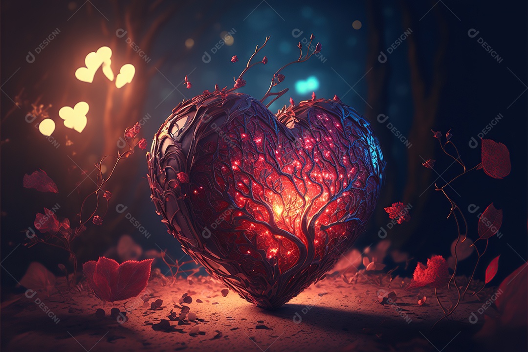 Decoração de coração de vidro vermelho com arranjo floral e lindo