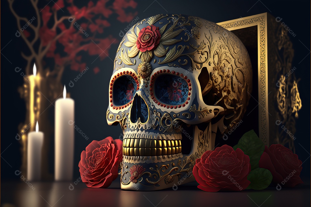 Caveira mexicana, retrato, vintage, decorativo