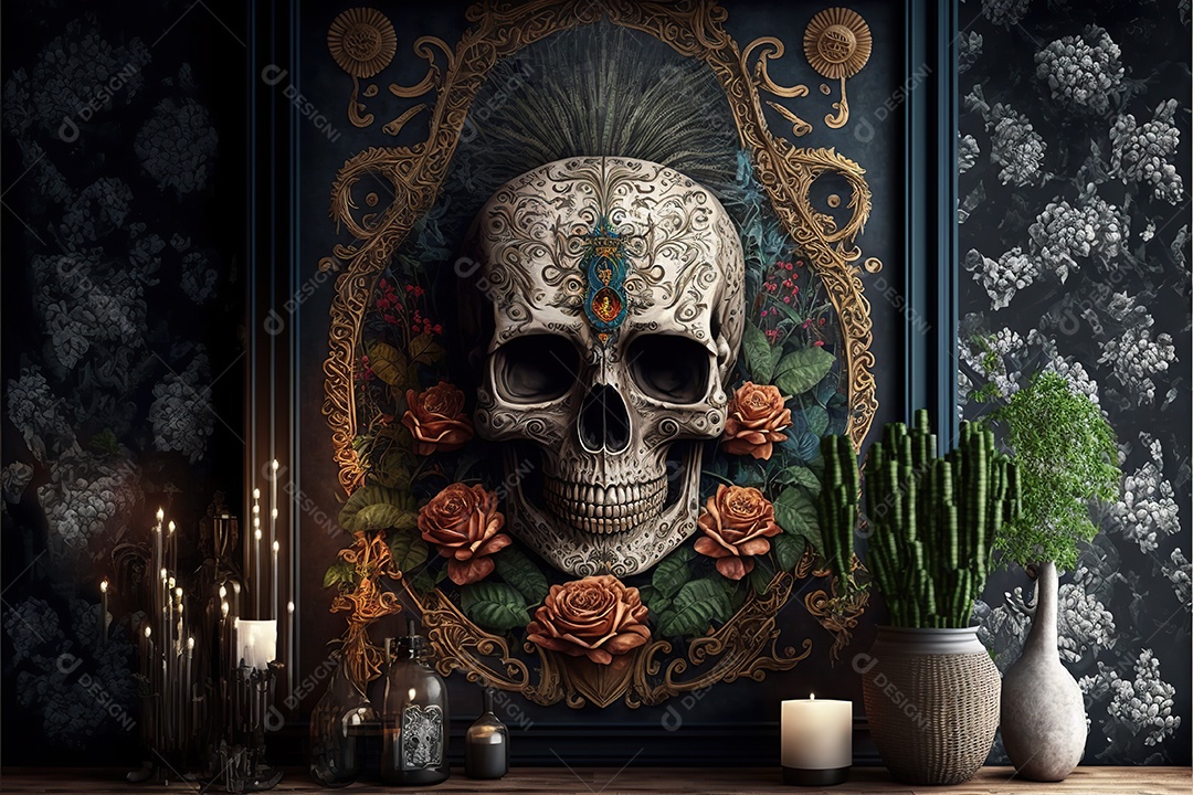 Caveira mexicana, retrato, vintage, decorativo