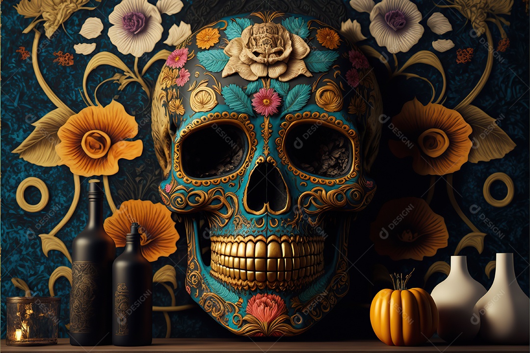 Caveira mexicana, retrato, vintage, decorativo