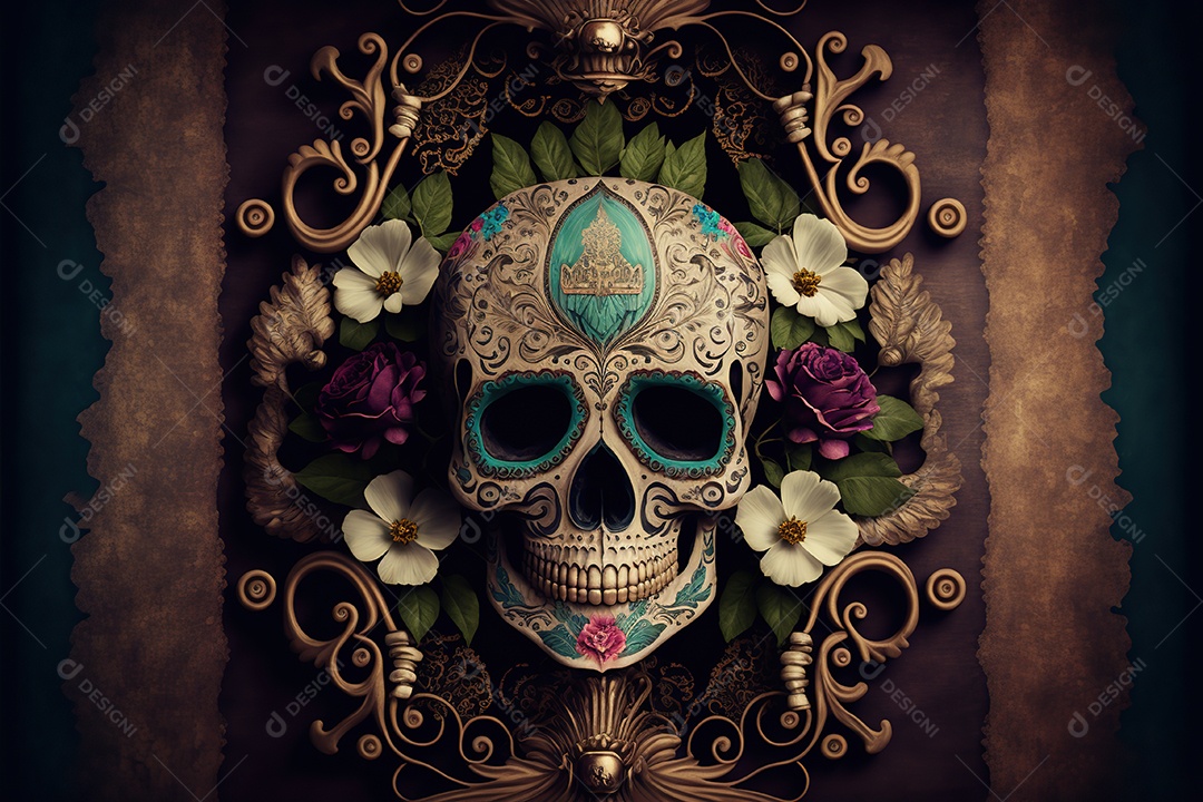 Caveira mexicana, retrato, vintage, decorativo