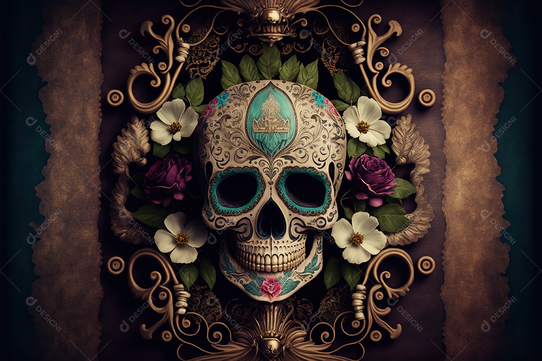 Caveira mexicana, retrato, vintage, decorativo