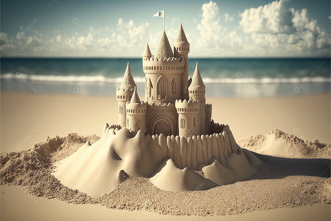 Castelo de areia na praia, dia, pôr do sol