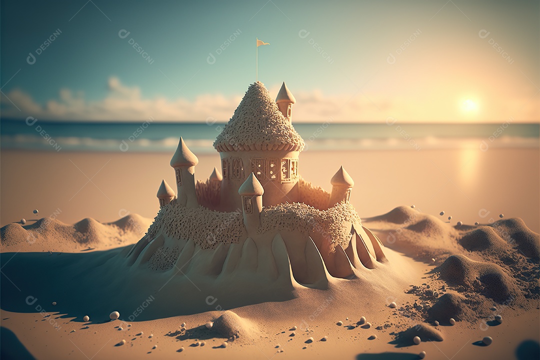 Castelo de areia na praia, dia, pôr do sol