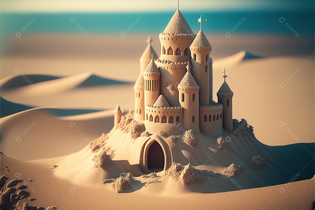 Castelo de areia na praia, dia, pôr do sol