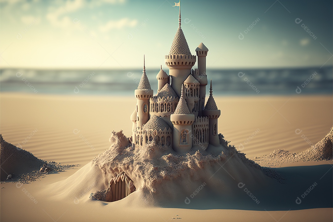 Castelo de areia na praia, dia, pôr do sol