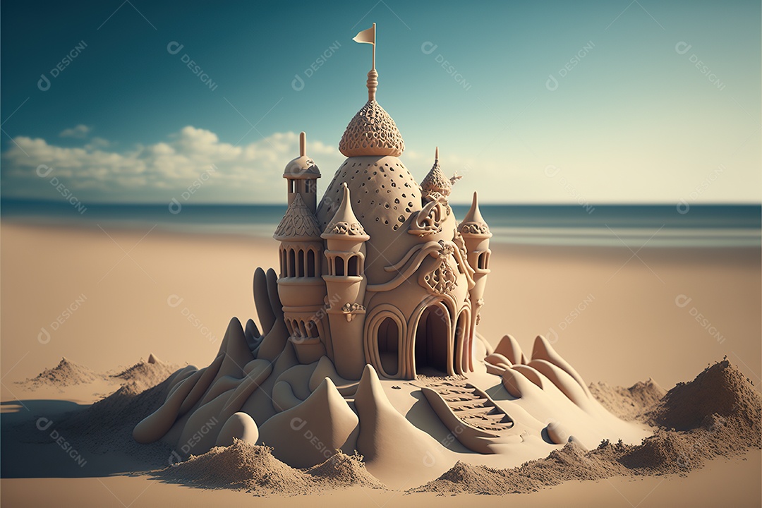 Castelo de areia na praia, dia, pôr do sol