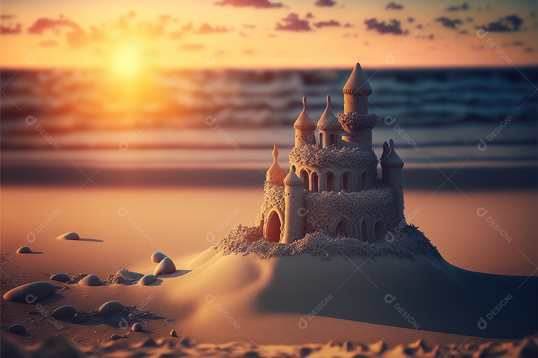 Castelo de areia na praia, dia, pôr do sol