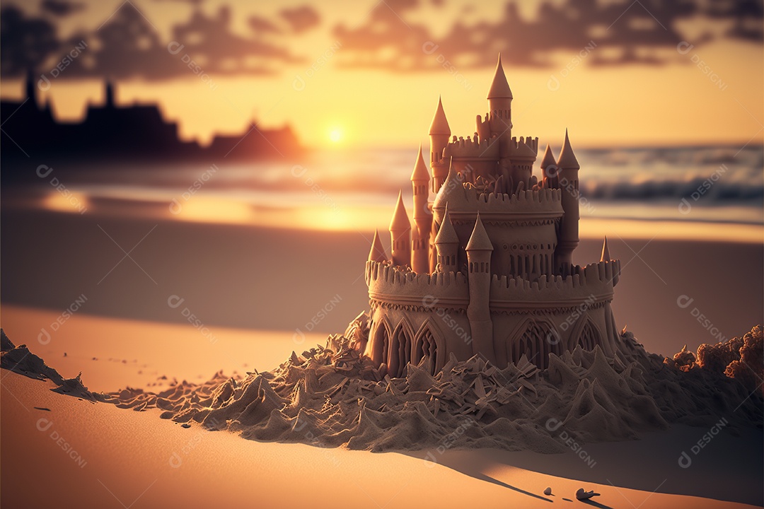 Castelo de areia na praia, dia, pôr do sol