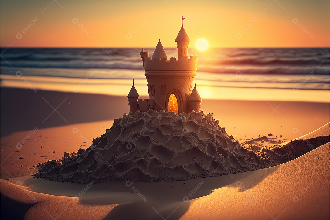 Castelo de areia na praia, dia, pôr do sol