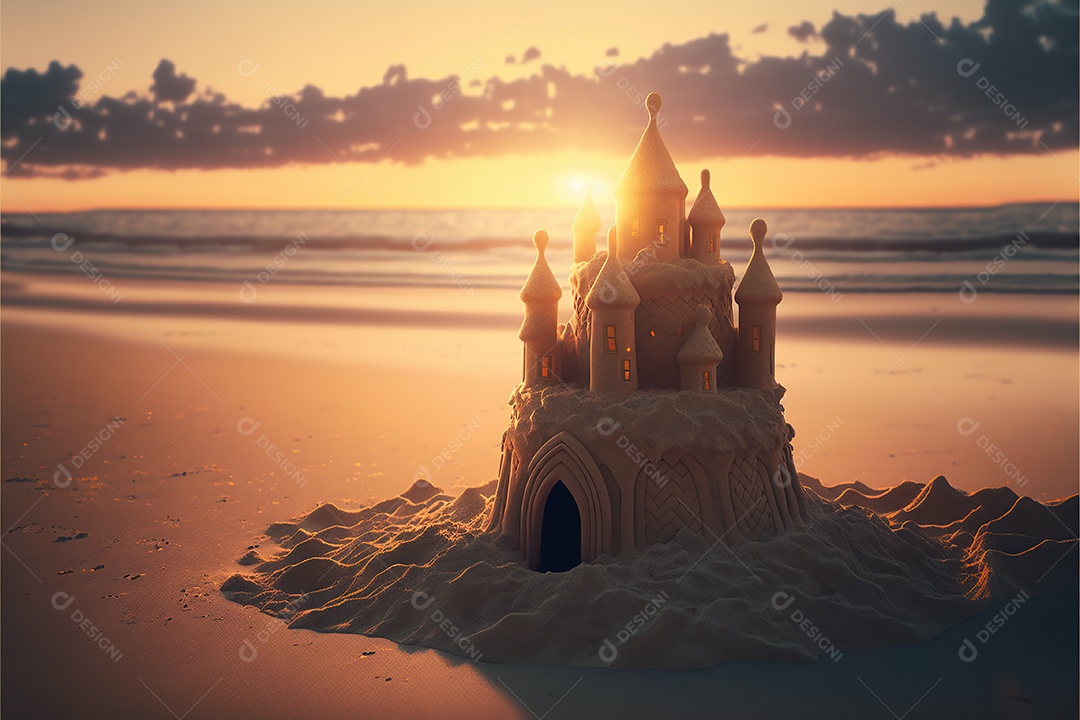 Castelo de areia na praia, dia, pôr do sol