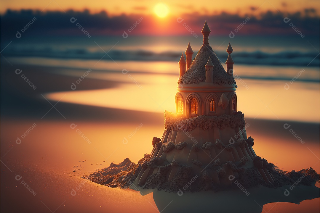 Castelo de areia na praia, dia, pôr do sol