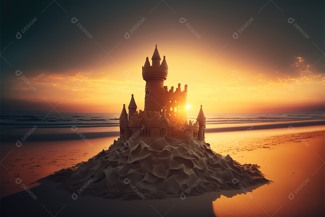 Castelo de areia na praia, dia, pôr do sol