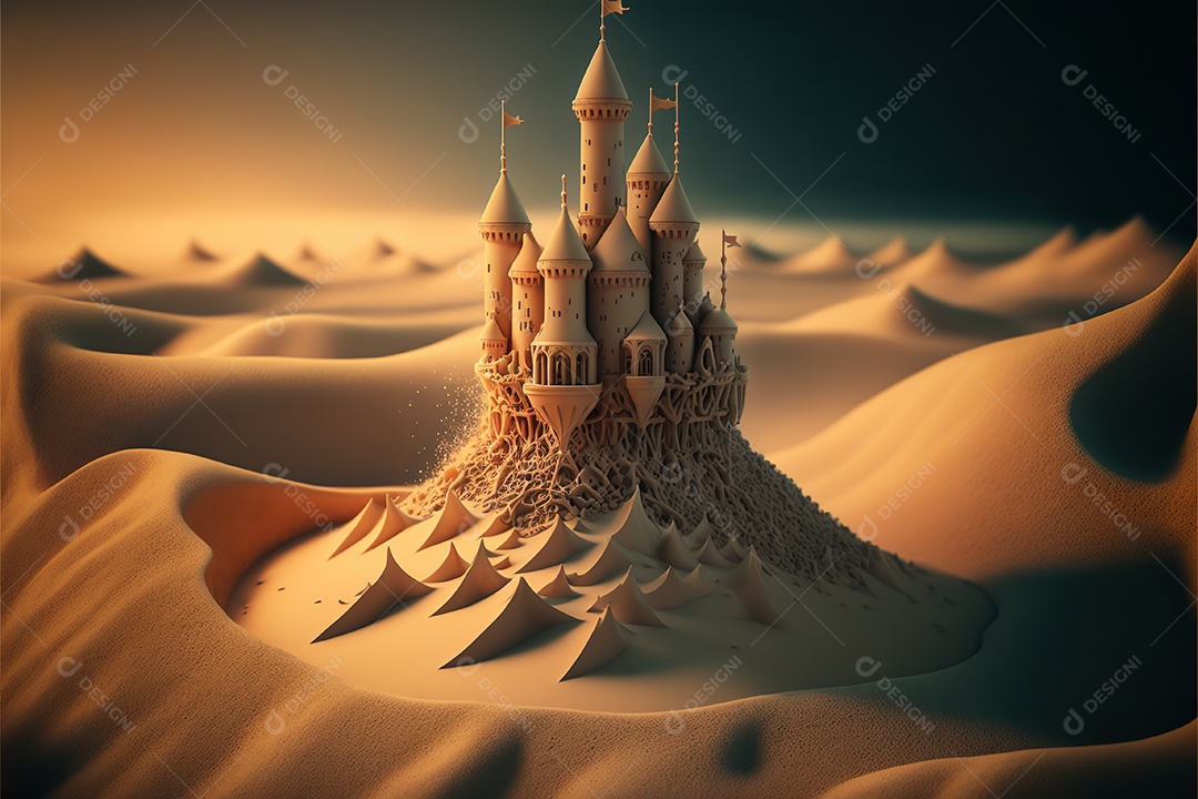 Castelo de areia na praia, dia, pôr do sol