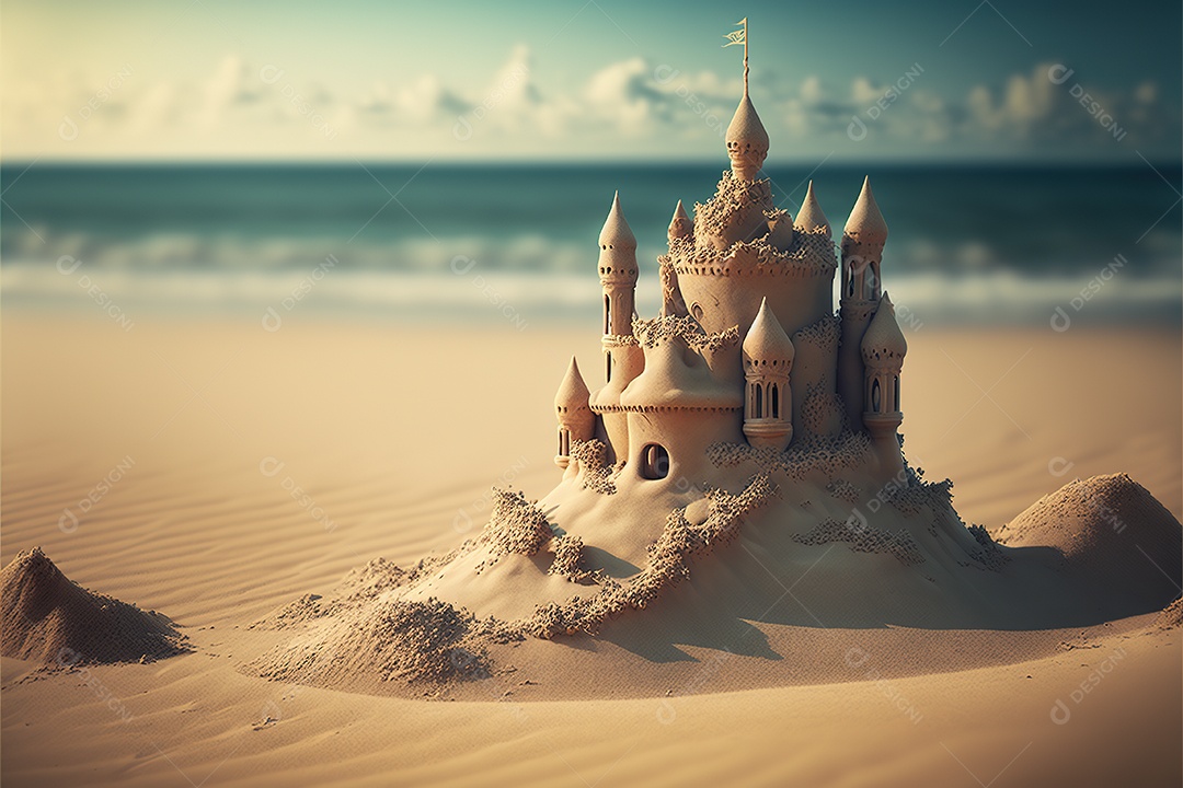 Castelo de areia na praia, dia, pôr do sol