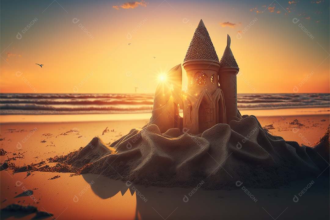 Castelo de areia na praia, dia, pôr do sol