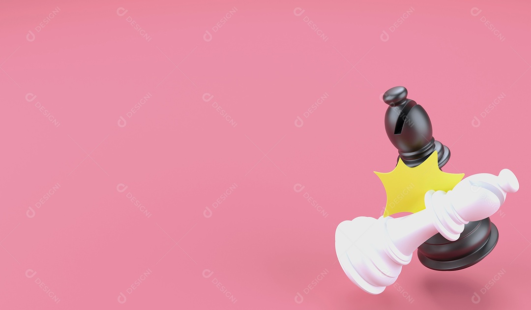 Ilustração 3D bispo preto vs bispo branco sobre fundo vermelho e espaço de cópia