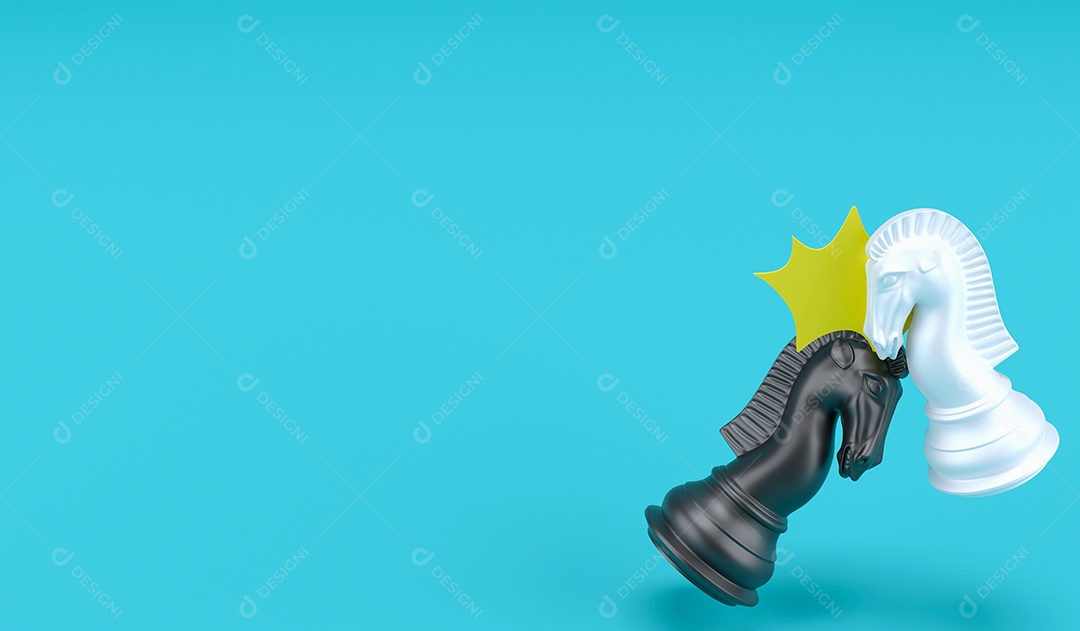 Ilustração 3D cavaleiro negro vs cavaleiro branco sobre fundo de cor de céu azul e espaço de cópia