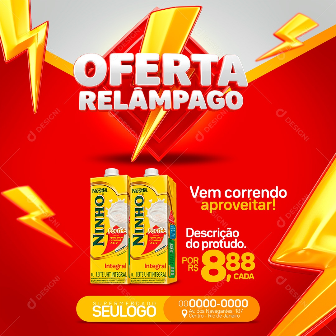 Post Supermercado Oferta Relâmpago Leite Ninho Social Media PSD Editável