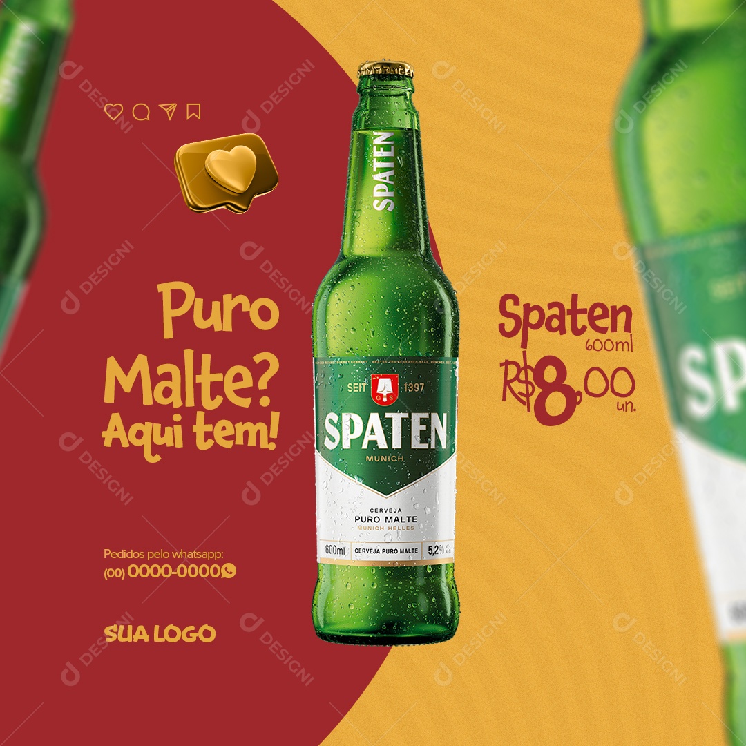 Puro Malte Aqui Tem! Cerveja Spaten Distribuidora de Bebidas Social Media PSD Editável