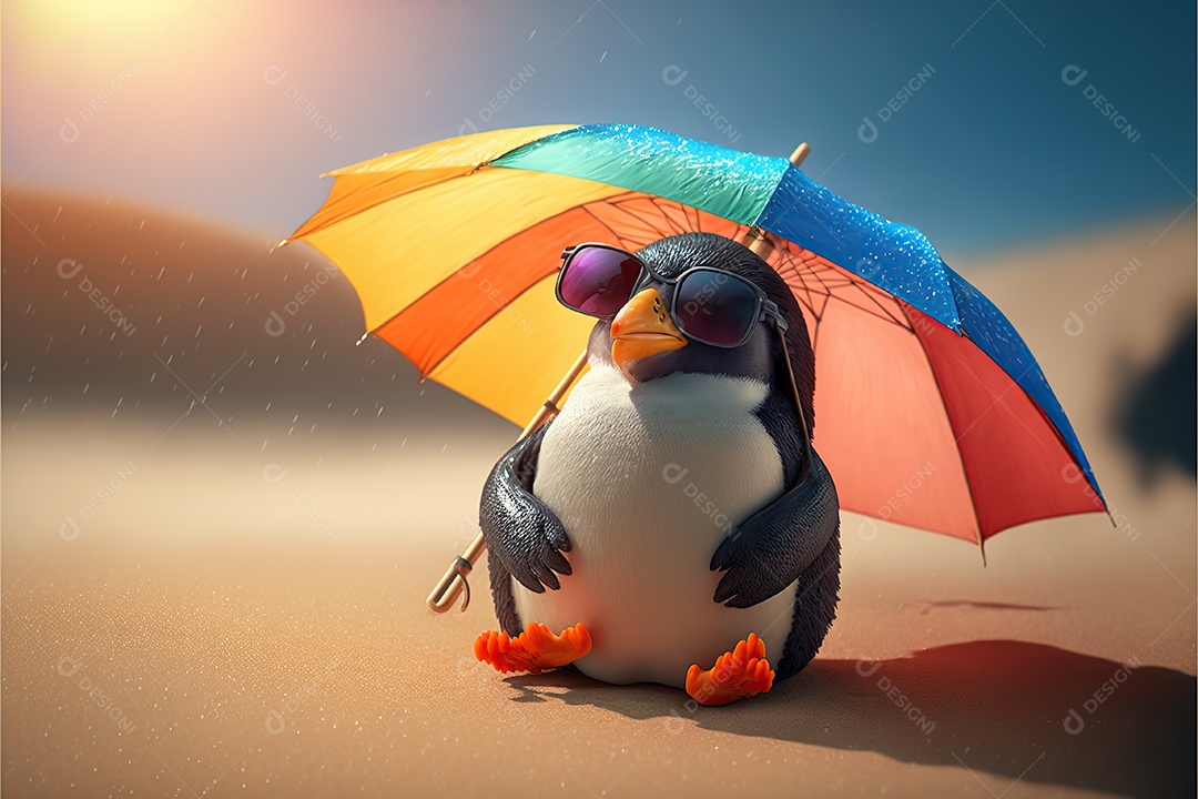 Pinguim adorável em óculos de sol na praia com guarda-sol, fofo, engraçado