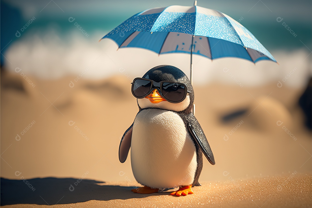 Pinguim adorável em óculos de sol na praia com guarda-sol, fofo, engraçado